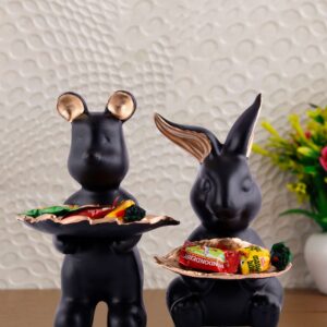Set of 2 Rabbits in Black Decorative Showpiece for Home Decor Showpiece | Home Kitchen Decor | Office Decorative Item - 13 cm